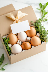Minimalist presentation of delivery box filled with farm-fresh eggs and vibrant herbs. Clean marble surface setting adds elegance. Concept of farm to table, culinary arts, local sourcing
