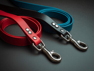 Red and blue dog leashes on dark background