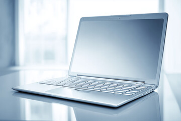 Laptop on white desk by window in bright office
