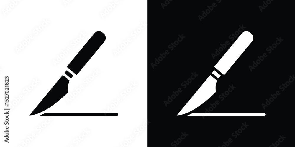 Poster scalpel path icon in flat version on black and white background