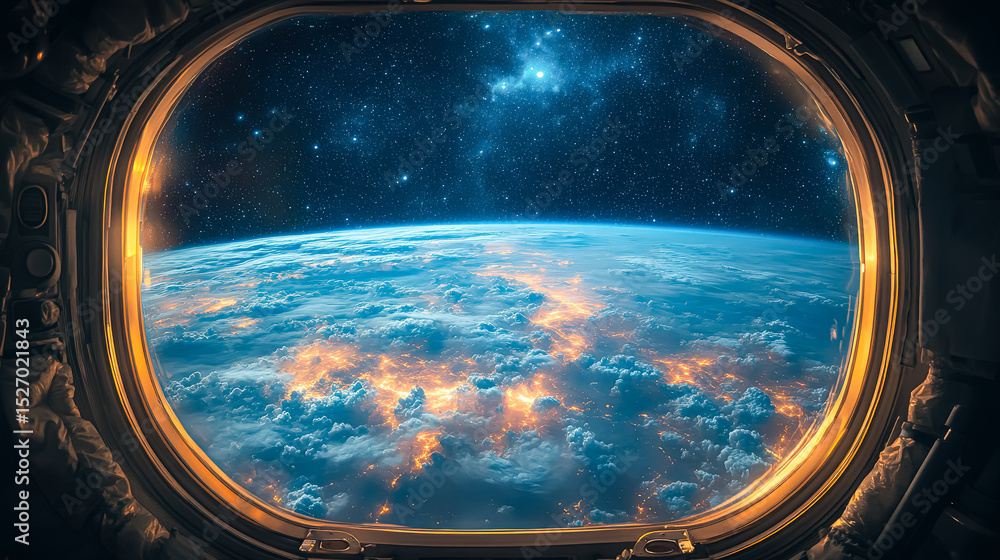 Poster view of the earth from space with a blue sky and clouds. the view is from an airplane window