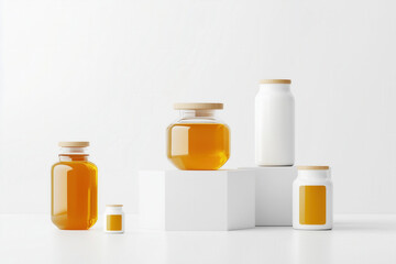 Organic honey displayed in glass jars with eco-friendly packaging on white blocks. Clean modern setting emphasizes sustainability. Concept of food industry, healthy living, natural products