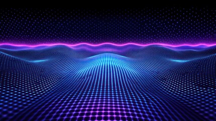 Abstract digital landscape with glowing grid patterns.