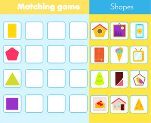 Matching children educational game. Match objects and geometric shapes. Activity for kids and toddlers.