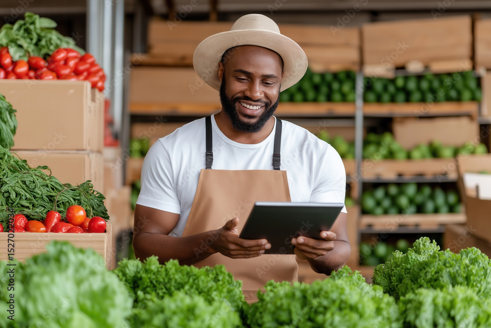 Leinwandbilder man in straw hat checks inventory on tablet while standing amidst neatly stacked produce crates. bri