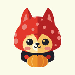 Cute cartoon fox wearing a red costume with polka dots, holding a pumpkin.