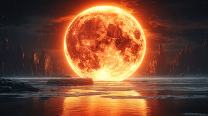 Large red moon is in the sky above a body of water. The moon is surrounded by a dark sky and the water is calm. The scene is serene and peaceful, with the moon casting a warm glow over the water