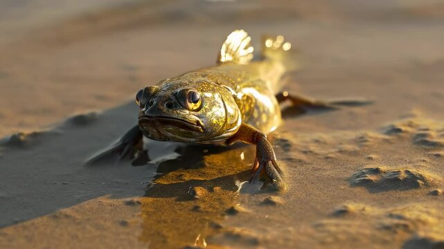 Amphibious fish crawling on wet sand at sunset
