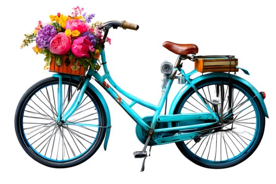 "Vintage bicycle with basket full of flowers, isolated on transparent background"