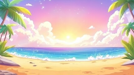 Vibrant beach scene at sunrise.