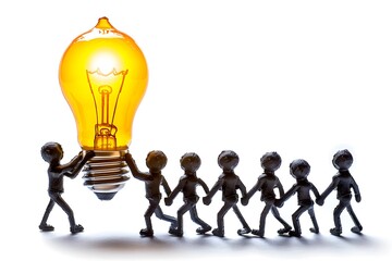 Figurines work together to carry a bright light bulb, symbolizing teamwork, innovation, and shared ideas.