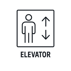 Elevator icon with person and arrows indicating direction in minimal outline style