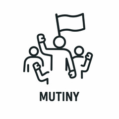 Fototapeta premium Minimal line icon of mutiny with raised fists and waving flag symbolizing rebellion, resistance, and organized uprising