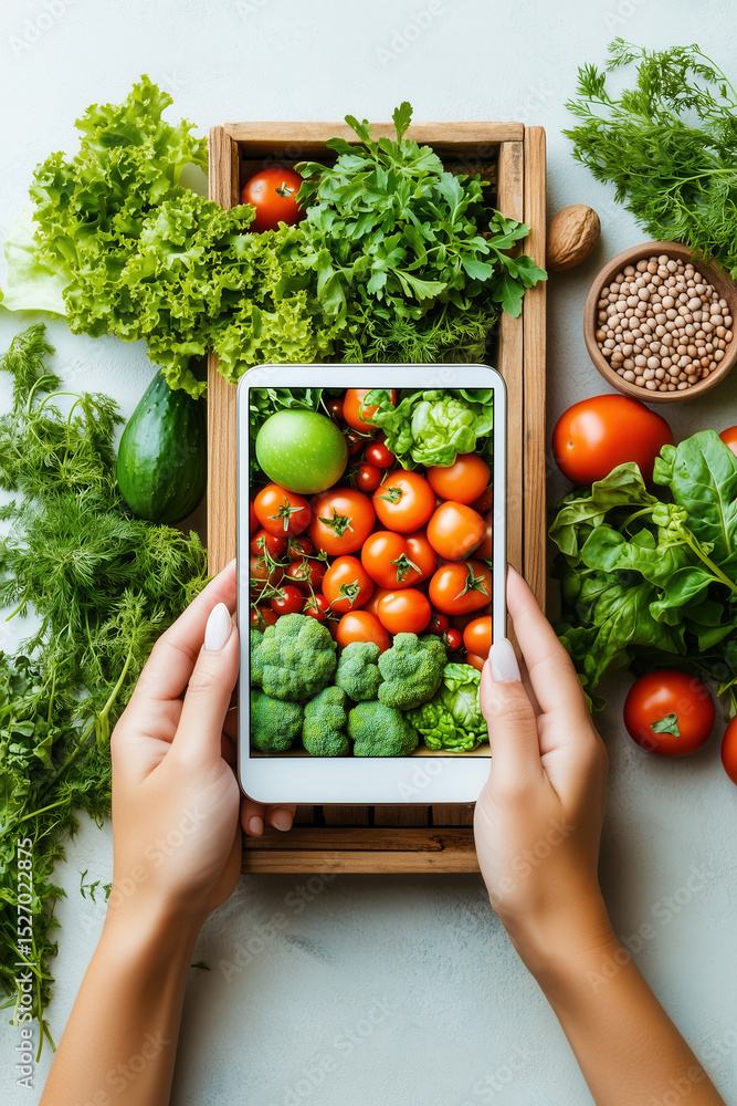 Aufkleber hands holding smartphone displaying vibrant fresh produce while rustic wooden crate and greenery add