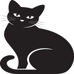 A black cat sitting upright with a curled tail and pointy ears isolated on a white background image