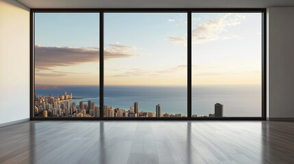Fototapeta premium Modern high-rise skyline seen through a large window. Empty white-walled interior, ideal for design mockups, real estate marketing, or urban lifestyle concepts