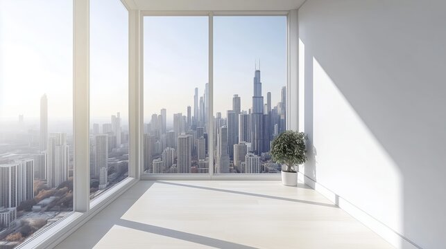 Fototapeta Modern high-rise skyline seen through a large window. Empty white-walled interior, ideal for design mockups, real estate marketing, or urban lifestyle concepts