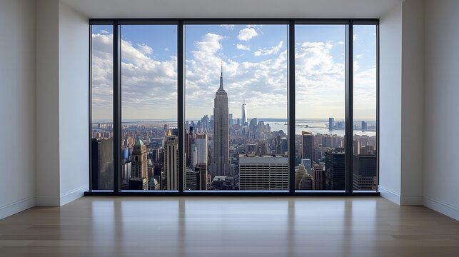 Fototapeta Modern high-rise skyline seen through a large window. Empty white-walled interior, ideal for design mockups, real estate marketing, or urban lifestyle concepts
