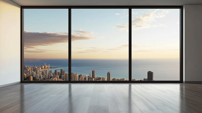 Fototapeta Modern high-rise skyline seen through a large window. Empty white-walled interior, ideal for design mockups, real estate marketing, or urban lifestyle concepts