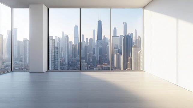 Fototapeta Modern high-rise skyline seen through a large window. Empty white-walled interior, ideal for design mockups, real estate marketing, or urban lifestyle concepts