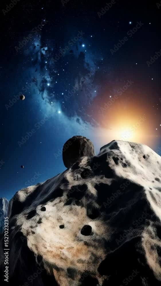 Poster large asteroid floating over icy mountain range and a distant planet in the deep vastness of space.