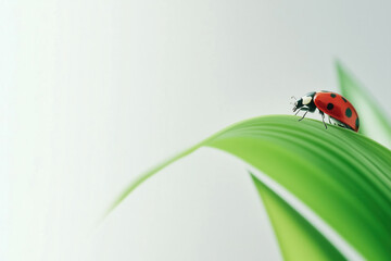 Ladybug perches delicately on green leaf in minimalist composition featuring soft blurred background. Concept of nature, environmental sustainability, organic gardening