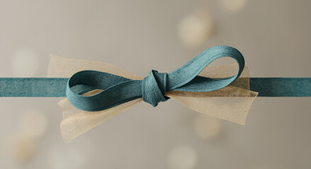 Elegant teal ribbon bow with beige tulle on blurred background