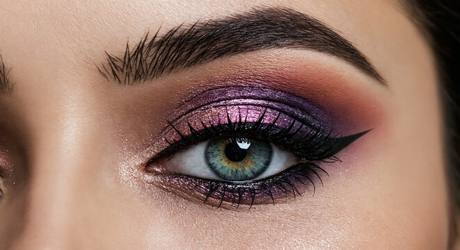 Close-up of eye with eyeshadow and winged eyeliner