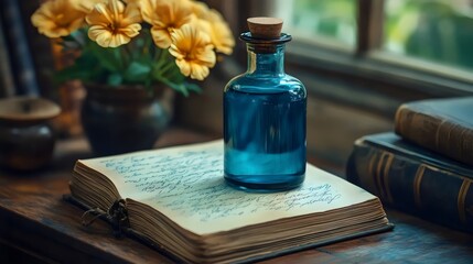 A blue glass bottle, an open book, and flowers on a wooden table.