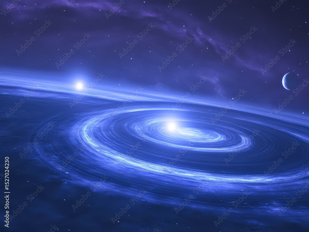 Wall mural blue planet with a large blue swirl in the middle. the planet is surrounded by stars and a moon