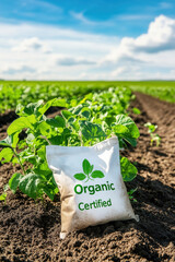 Organic certified fertilizer bag rests beside vibrant green crops in well-tilled soil. Bright sky enhances serene setting. Concept of sustainable agriculture, eco-friendly practices, soil health
