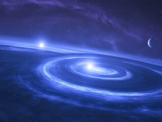 Blue planet with a large blue swirl in the middle. The planet is surrounded by stars and a moon