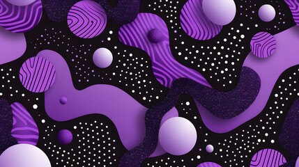 Futuristic abstract 3D background with purple liquid shapes, geometric spheres, and dotted patterns on black, ideal for digital art, tech designs, web banners, or modern visuals

