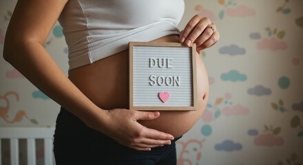 Pregnant woman holding "Due Soon" sign with heart