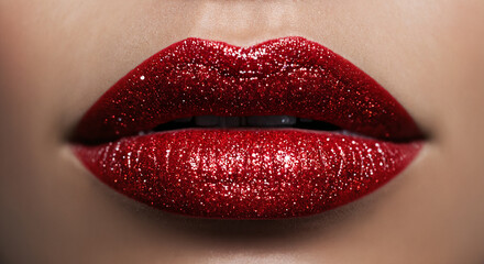 Red Glitter Lips Close-Up on Smooth Skin 
