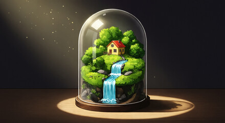 Miniature landscape with house and waterfall inside a glass dome Illustration