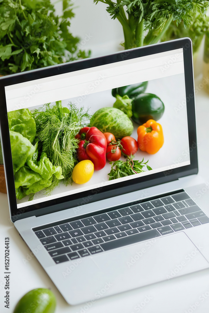Poster user interacts with laptop displaying bright website homepage featuring fresh seasonal produce. clea