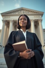 A black woman in a barrister's robe holds a law book while standing in front of a courthouse with tall columns. The sky is clear, and the building looks grand and official