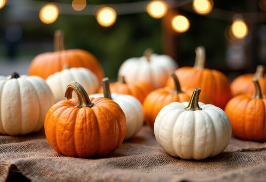 Colorful pumpkins arranged on a rustic surface for autumn or Halloween decoration