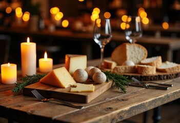 Cheese platter with candles and bread on a rustic wooden table in a cozy setting