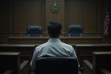 Fototapeta premium A white man sits sadly in the defendant's chair, looking down in a dim courtroom. The judge's bench and empty jury seats are visible in the background