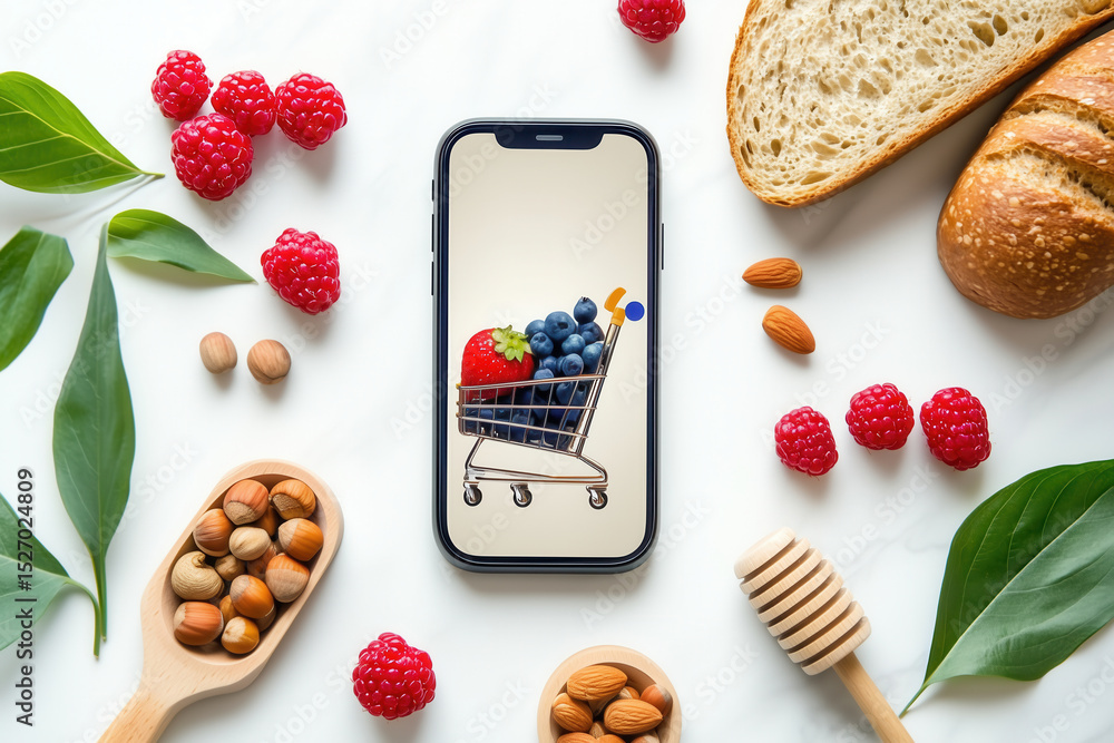 Poster shopping cart icon on mobile app screen filled with fresh berries and nuts. minimalist style with na