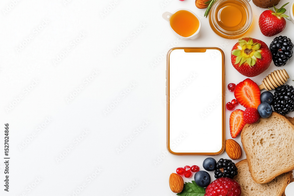 Poster minimalist display shows shopping cart icon on mobile app screen filled with berries, bread, honey, 
