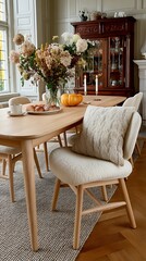 Elegant Dining Room Scene with Flowers, Table Setting, and Comfortable Seating for a Relaxing Ambiance.