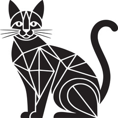 A stylized black cat with geometric patterns and a curled tail sitting on a light gray background