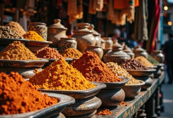 Fototapeta premium Vibrant spices displayed in traditional bowls at a market