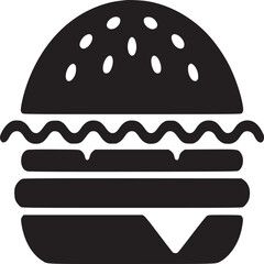 A black and white graphic illustration of a burger with sesame seeds and visible layers of fillings