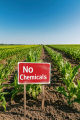 Obraz premium Sign reads No Chemicals beside lush green field fertilized with natural materials. Clear blue sky enhances tranquil setting promoting sustainability