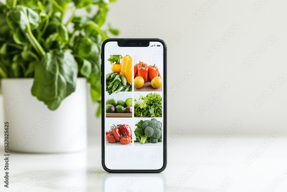 Poster smartphone screen shows colorful farm-to-table app with images of fresh produce. clean minimalistic 