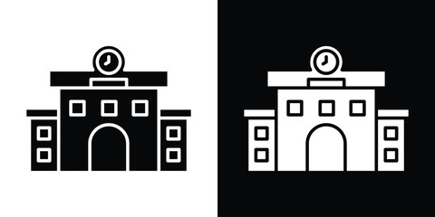 Train station building icon in flat version on black and white background